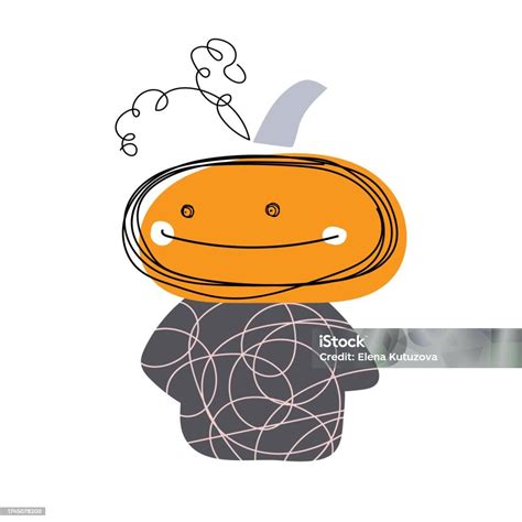 Halloween Smiling Pumpkin Character Happy Halloween Character Portrait In Doodle Outline Style