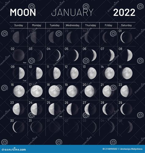 January Moon Phases Calendar On Dark Night Sky Stock Vector