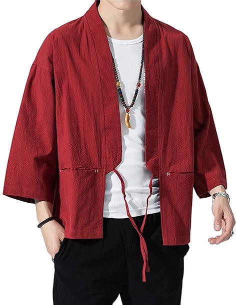 Men S Haori Jacket Kimono Cardigan Noragi Japanese Yukata Red