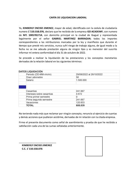 Carta DE Liquidacion Laboral Kimberly CARTA DE LIQUIDACION LABORAL Yo