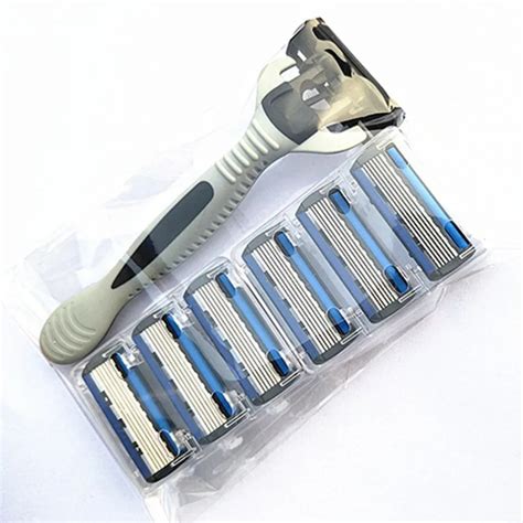 6 Layers Razor 1 Razor Holder + 7 Blades Replacement Shaver Head Cassette Shaving Razor Set Blue ...