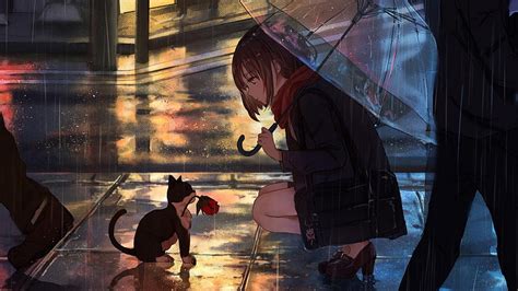 1920x1080 女の子、子猫、花、アニメ、雨のアニメの女の子 デスクトップの 高画質の壁紙 Pxfuel