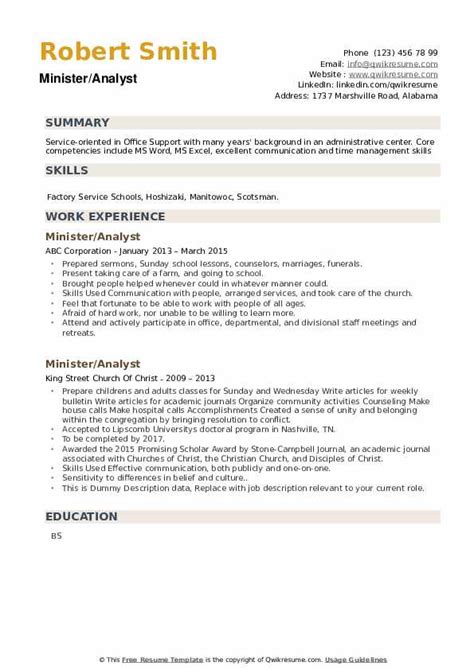 Minister Resume Samples Qwikresume