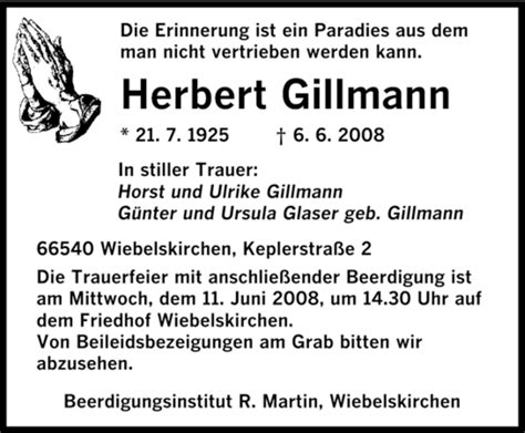 Traueranzeigen Von Herbert Gillmann Saarbruecker Zeitung Trauer De