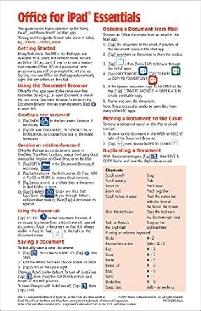 Microsoft Office For IPad Essentials Quick Reference Guide Cheat Sheet