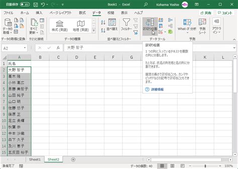 Excel 2019：区切り位置指定ウィザードで複数の列に分割するには