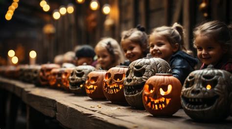 Un grupo de niños sentados en una mesa con calabazas talladas Foto