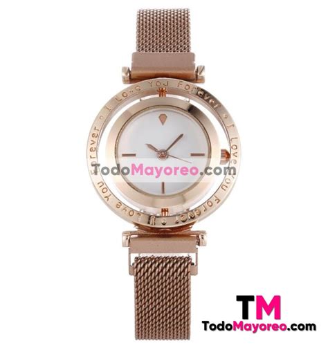 Reloj Rose Gold De Metal Mesh Iman Caratula Con Diseño Doble Circulo