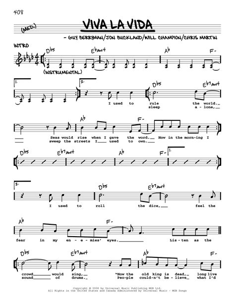 Viva La Vida By Coldplay Sheet Music For Real Book Melody Lyrics And Chords At Sheet Music Direct