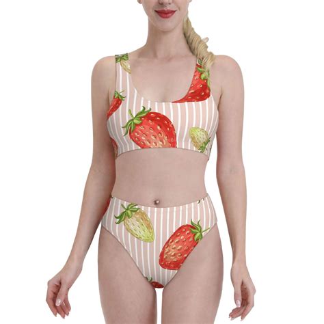 Daiia Strawberries Women S Bikini Swimsuit Two Piece Swimsuit High Waisted Slim Fit High Leg