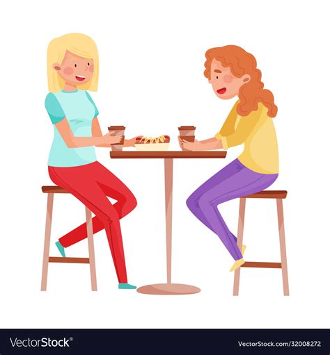 Women Sitting At Street Cafe Table Talking Eating Vector Image