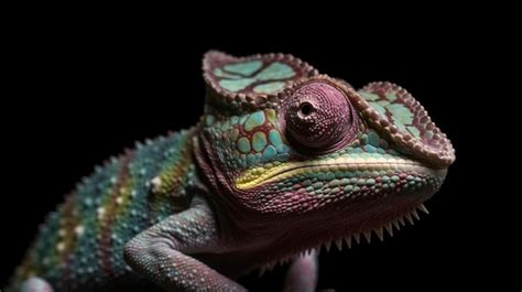 Premium AI Image | Front view of a purplegreenpink chameleon looking at ...