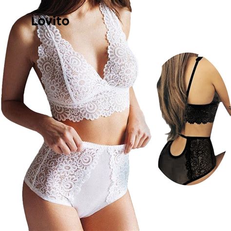 Lovito Sexy Lace And Mesh Contrast Deep V Neck Lingerie L White Shopee Malaysia