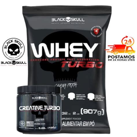 Kit Black Skull Suplemento Combo Whey Turbo Protein G Creatina