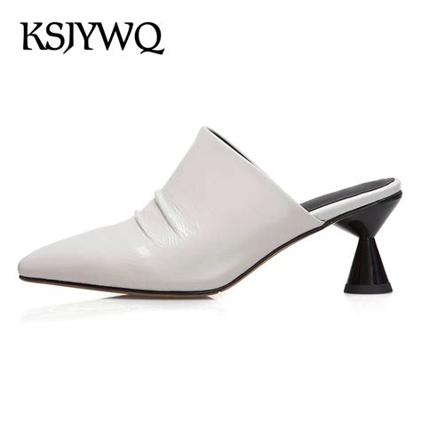 Ksjywq Genuine Leather Women Mules Cm Heels Pointed Toe White