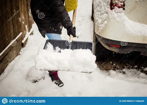 Woman With Shovel Cleaning Snow Winter Shoveling Stock Photo Image