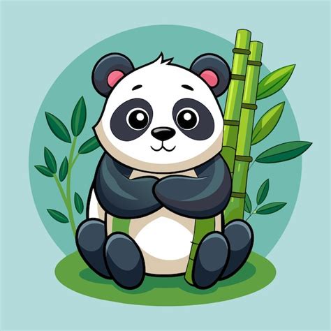 Una caricatura de un oso panda con bambú en el fondo Vector Premium