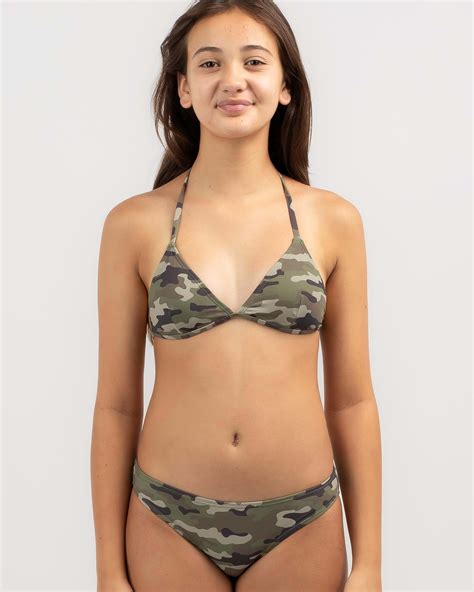 Shop Kaiami Girls Camo Triangle Bikini Set In Khaki Fast Shipping