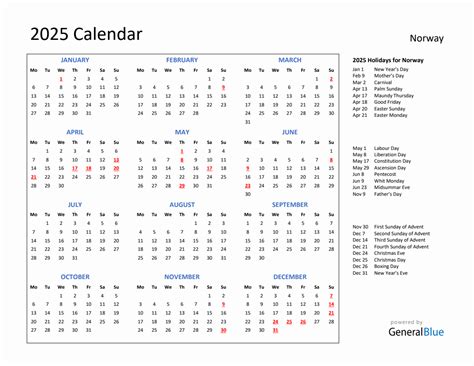 2025 Calendar With Holidays For Norway