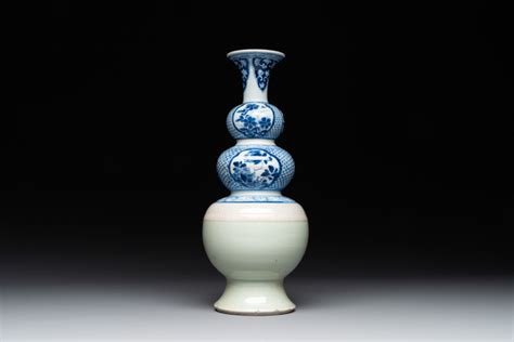 A Rare Chinese Blue And White Celadon And Ge Glazed Triple Gourd Vase