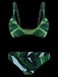 2019 Ensemble De Bikini à Bretelle Frange Imprimé Palmier en Vert M