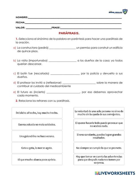 Paráfrasis interactive worksheet