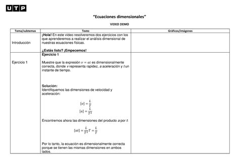 Ejercicio 1 Ecuaciones Dimensionales “ecuaciones Dimensionales” Video Demo Tema Subtemas Texto