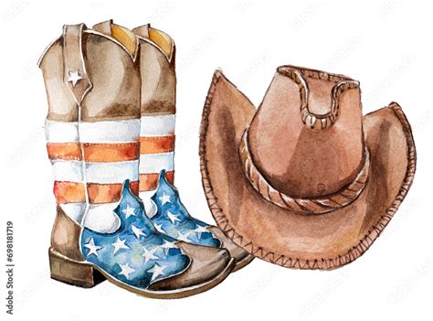 Watercolor Hand Painted Cowboy Hat And Cowboy Boots Clipart Set