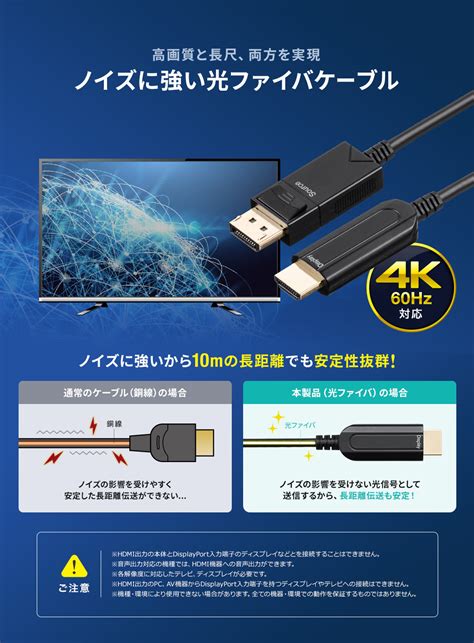 Displayport Hdmi 変換 光ファイバーケーブル 10m 4k 60hz ブラック Yk Kc039 10 500 Kc039