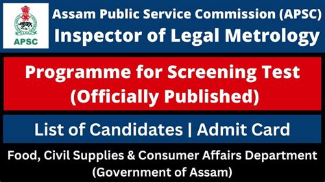 APSC Inspector Of Legal Metrology Programme For Screening Test