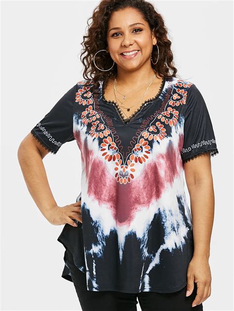 Azulina Plus Size Tie Dye Curved Hem T Shirt 2018 Summer V Neck Short