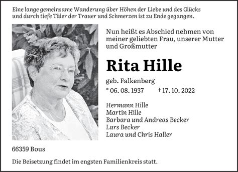 Traueranzeigen Von Rita Hille Saarbruecker Zeitung Trauer De