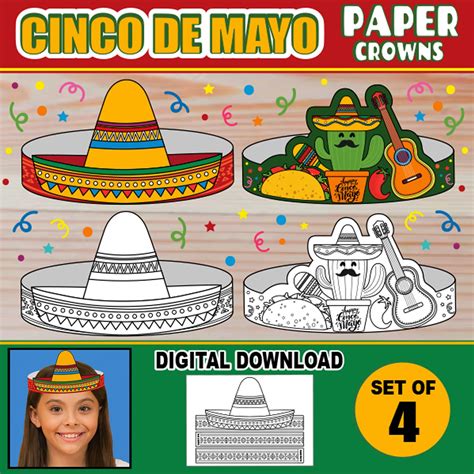 Cinco De Mayo Paper Crowns for Kids Fiesta Paper Hat Headbands Craft ...