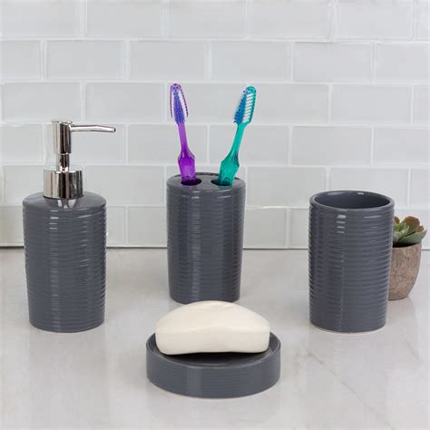 Home Basics Horizon 4 Piece Ceramic Bath Accessory Set Grey Bath