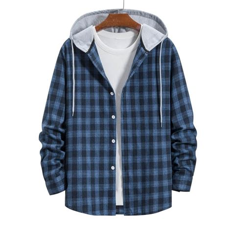 cllios Mens Flannel Plaid Hooded Shirts Jacket Casual Fall Winter Long ...