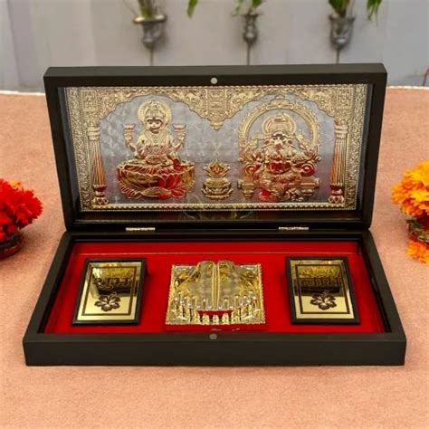 Gold Plated Laxmi Ganesh Goddess Laxmi Charan Paduka Glass Box Frame