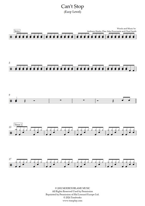Can T Stop Easy Level Red Hot Chili Peppers Drums Sheet Music