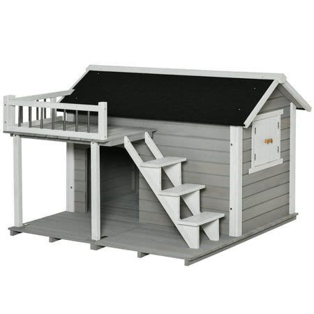 PawHut Wooden Dog House Outdoor with Porch, Cabin Style Raised Pet ...