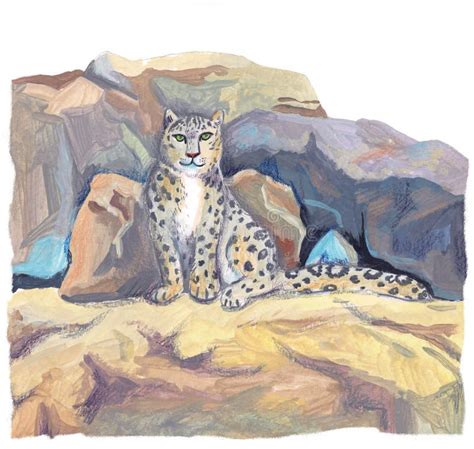 Snow Leopard In Nature Watercolor Illustration Stock Illustration