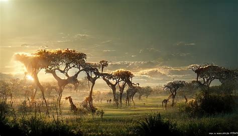 Premium Photo | Sunset in blue sky over savannah with trees and green grass