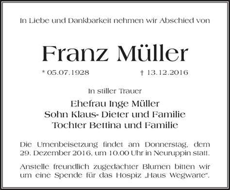 Traueranzeigen Von Franz M Ller M Rkische Onlinezeitung Trauerportal