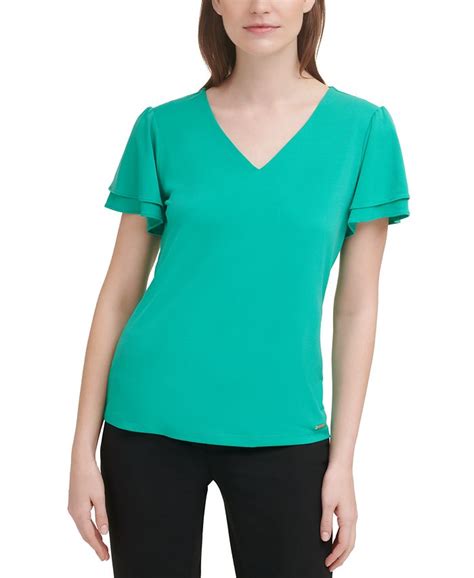 Calvin Klein Solid Flutter Sleeve V Neck Top Macys