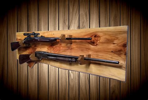 Rustic Gold Gun Rack Live Edge Knotty Cypress 2 Guns Display Wall Mount Rifle Shotgun