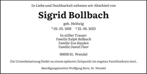 Traueranzeigen Von Sigrid Bollbach Saarbruecker Zeitung Trauer De