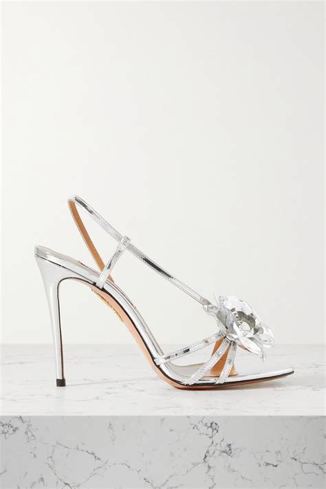 Aquazzura Paris Rose 105 Crystal Embellished Metallic Leather Sandals