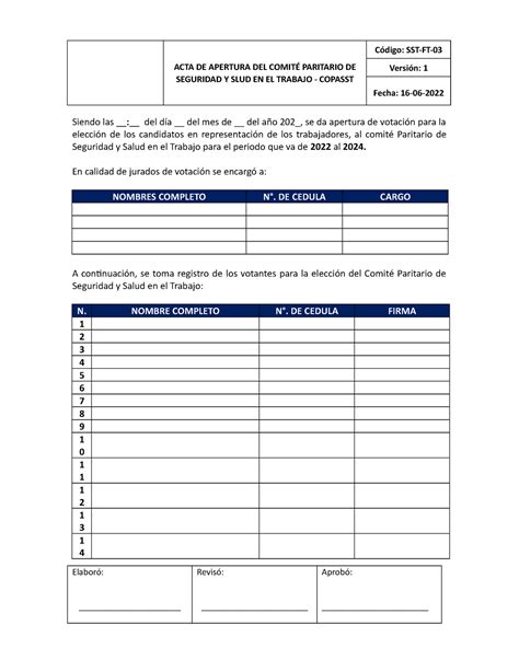 Sst Ft Acta Apertura Elecciones Para Copasst Acta De Apertura Del