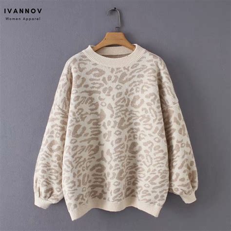 Primavera Outono Malha Pullovers Top Leopardo Lanternas Mangas Sweater