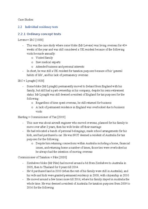 Case Study Notes - Case Studies 2 Individual residency tests 2.2