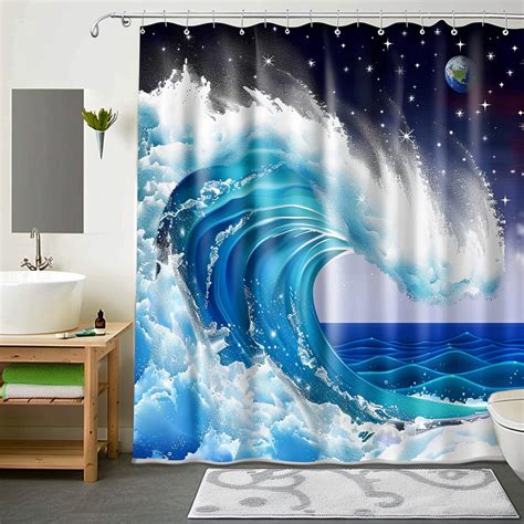 Cartoon Ocean Wave Shower Curtain With Starry Background Transform Your