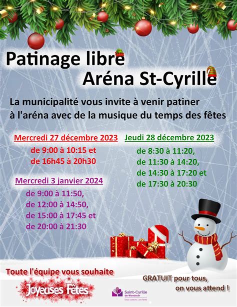 Aréna St Cyrille Patinage libre et horaire des Fêtes 2023